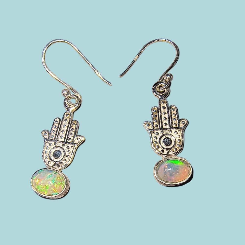 Ethiopian Opal And Sterling Silver Hamsa Hand Dangle Earrings